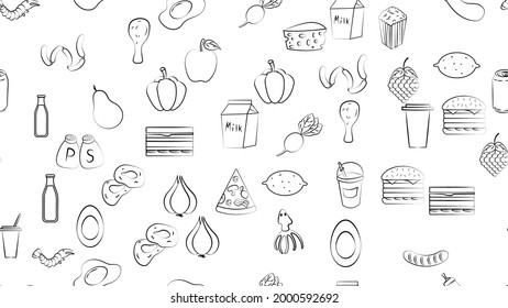 Endless green seamless pattern of delicious food and snack items icons set for restaurant bar cafe: sandwich, cheese, lemonade, popcorn, garlic, eggplant, chicken, fruits, vegetables. The background