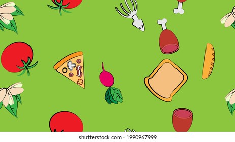 Endless green seamless pattern from a set of icons of delicious food and snacks items for a restaurant bar cafe: pizza, meat, ham, pistachios, tomato, bread, loaf, radish, squid. The background