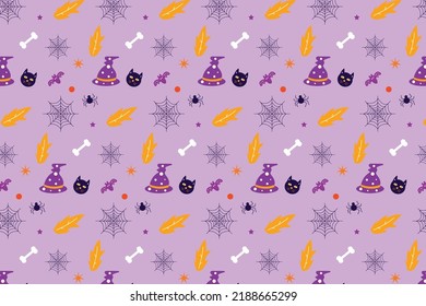 Endless Halloween pattern design with abstract elements. Halloween seamless pattern vector with cat faces and witch hats. Pattern texture background decoration for Halloween event.