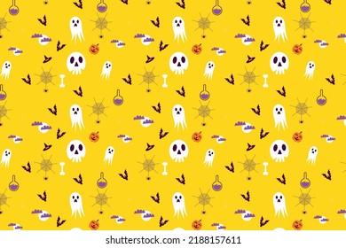 Endless Halloween pattern design with different scary elements on a yellow background. Abstract Halloween pattern decoration for book covers, backgrounds, and bed sheets. Seamless pattern vector.