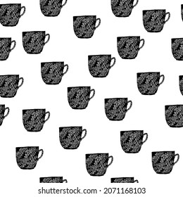 Endless hand drawn black and white sketch cup pattern. Floral ornament on the cup.
