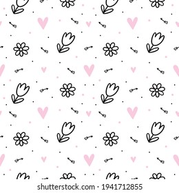 Una mano sin fin dibujó un lindo fondo de doodle con tulipanes, margaritas, flechas y corazones. Patrón vectorial plano, adorno, textil, tela o postales