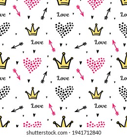 Endless hand drawn doodle background with crowns, arrows and hearts. Flat vector pattern, ornament, textil, fabric or postcards
