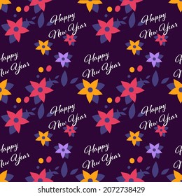 Interminable Fuente Feliz Año Nuevo Con Fondo De Patrón Floral.