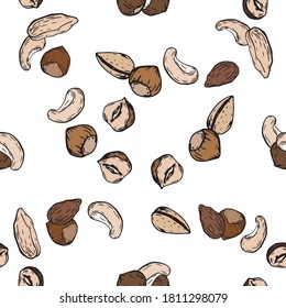 Endless hazelnut background. Vector seamless pattern. Colored nuts. For textiles, fabrics, children's parties, parties, bakery, pastry shop, cafe.