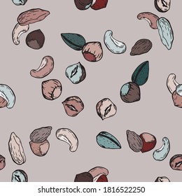 Endless hazelnut background. Vector seamless pattern. Colored nuts. For textiles, fabrics, children's parties, parties, bakery, pastry shop, cafe.