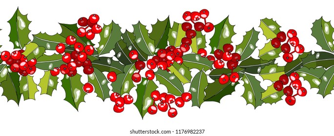 Endless horisontal pattern brush with holly isolated on white. Traditional Christmas border. Vector frame for your design, announcements, postcards, posters.