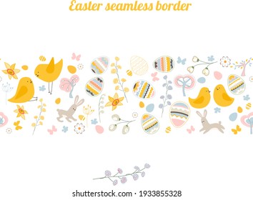 Borde horizontal infinito con huevos pintados festivos, flores estilizadas y bonitas aves. Borde infinito para tu diseño.