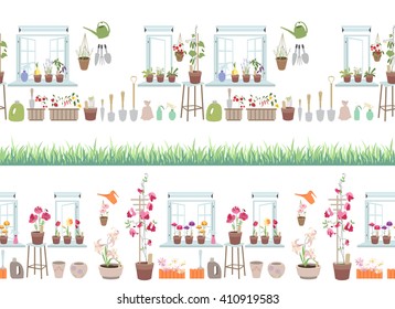 Endless horizontal border  with gardening tools. Seamless pattern brush with growing grass.