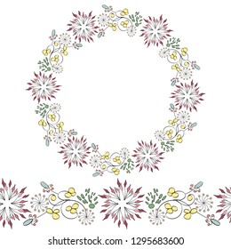 Endless horizontal brush and horizontal border. Floral garland, floral wreath.  Posters, textile etc. Vector illustration. Hand brush strokes line sketch style. Doodles. Abstract art background fabric