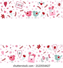 Endless horizontal frame for Valentine's Day with love birds. Flat isolated illustration 