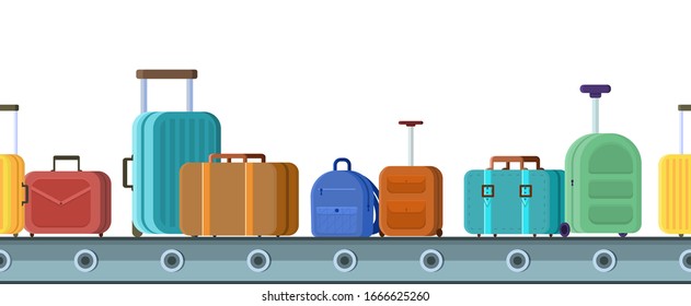 Endless horizontal vector seamless border in flat style with stylish travel cases, holiday handle baggage. cartoon continuous illustration luggage Isolated on white backdrop. bags transportation