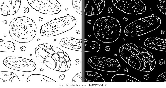 Endless illustration with biscuit and oatmeal cookies. Vector seamless pattern of black and white elements isolated on monochrome background. Interesting silhouette for your zen art or coloring book