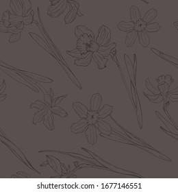 Endless illustration with daffodils (leaves, stems and flowers). Vector seamless pattern of line elements isolated on brown background. Interesting silhouette for your zen art or coloring book.