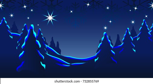 Endless illustration on snow covered pine forest in dark blue night with starry sky; Vector graphic of snowy winter forest with starlight; Winter landscape; Christmas motif
