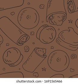 Ilustración sin fin con rollo y merengue. Patrón vectorial sin fisuras de los elementos de línea sobre fondo marrón.