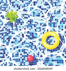 Imitación infinita del fondo de la piscina con decoración de mosaico, anillo inflable y bola, espuma y hojas de palma. Fondo azul abstracto vectorial. Ilusión de ola de agua.
