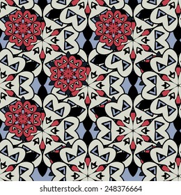 Endless indian mandalas background. Small red stylized flowers over big gray and light blue. Vintage seamless wallpaper.