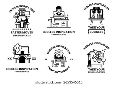 Endless inspiration is the theme of these six images. They all depict people working at a desk, with some using a computer and others holding a book. The images are all black and white