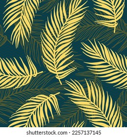 Endless jungle palm leaves vector pattern. Floral design over waves texture background. Elegant palm tree branches illustration. Herbarium leaves greenery pattern. Botany decorative print