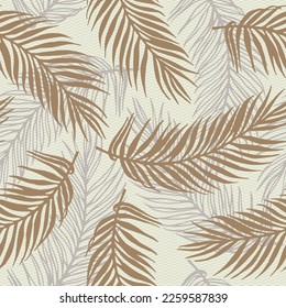 Endless jungle palm leaves vector pattern. Floral elements over waves texture backdrop. Trendy palm tree leaves print. Plant leaves greenery design. Thailand holiday print.