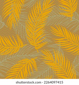 Endless jungle palm leaves vector pattern. Botanical elements over waves texture backdrop. Abstract palm tree branches wallpaper. Herbarium leaves closeup design. Botany decorative print