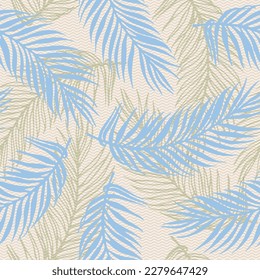 Endless jungle palm leaves vector pattern. Floral elements over waves texture background. Chic palm tree leaves wallpaper. Herbarium leaves closeup design. Contrast foliage wrapper.