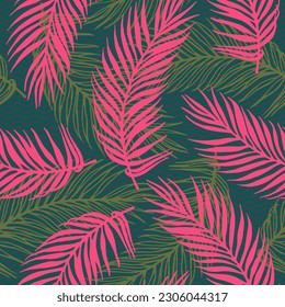 Patrón vectorial de hojas de palma interminables de la jungla. Elementos botánicos sobre fondo de textura de ondas. Las hojas de palmera orgánicas están impresas. Patrón de cierre de hojas de planta. Antecedentes del afiche de viajes.