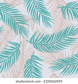 Endless jungle palm leaves vector pattern. Botanical design over waves texture backdrop. Bright palm tree branches illustration. Big leaves closeup pattern. Travel poster background.