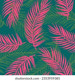 Patrón vectorial de hojas de palma interminables de la jungla. Elementos florales sobre fondo de textura de ondas. Elegante tapiz de hojas de palmera. La planta deja el diseño de la naturaleza. Follaje subtropical.