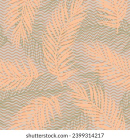 Patrón vectorial de hojas de palma interminables de la jungla. Elementos florales sobre fondo de textura de ondas. Papel pintado de hojas de palmera coloridas. Diseño de las hojas de la planta. Follaje subtropical.