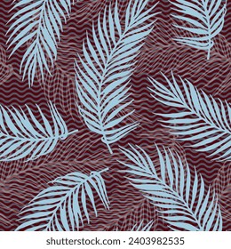 Endless jungle palm leaves vector pattern. Floral design over waves texture background. Vintage palm tree branches print. Herbarium leaves greenery design. Royal palm fabric print.