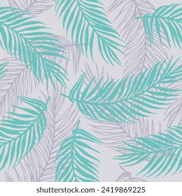 Endless jungle palm leaves vector pattern. Floral design over waves texture background. Vintage palm tree branches wallpaper. Big leaves summer pattern. Royal palm fabric print.