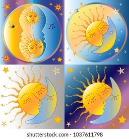 Endless kiss. Sun and moon. Day and night. Vector image.
