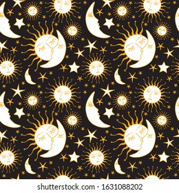 An endless kiss. Sun and moon. Vector graphics. Seamless picture.