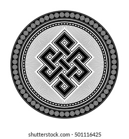 Endless knot, a black and white vector illustration with one of cultural symbol of buddhism endless knot