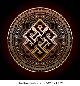Endless knot, a golden colored vector illustration with one of cultural symbol of buddhism endless knot