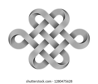 Endless knot made of crossed metal wires. Traditional buddhist symbol. Vector 3d illustration isolated on white background.