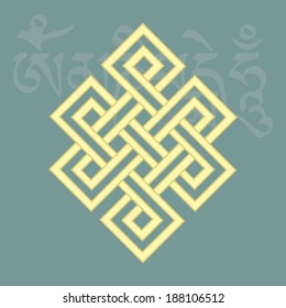 Endless knot,one of eight auspicious buddhist religious symbols , with mantra om mani padme hum on background, vector illustration