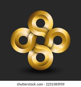 Logotipo infinito 3d de cinco círculos dorados que se solapan con forma geométrica infinita, símbolo infinito gradiente dorado para un taller de joyería o tienda.