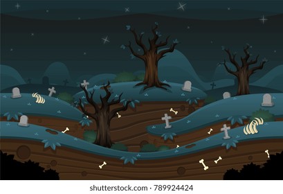 Endless loop parallax game background with scary graveyard at night theme