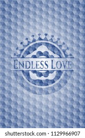 Endless Love blue emblem or badge with abstract geometric pattern background.