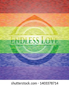 Endless Love emblem on mosaic background with the colors of the LGBT flag
