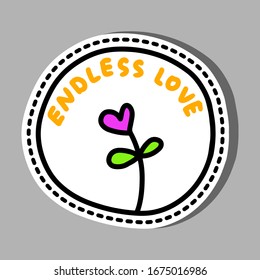 Endless love hand drawn vector illustration pin sticket patch heart symbol flower purple green