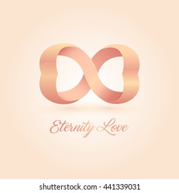 Endless love vector logo. Wedding illustration. Pink connected hearts. Eternity isolated symbol. Unusual romantic design logotype on the pink background. 