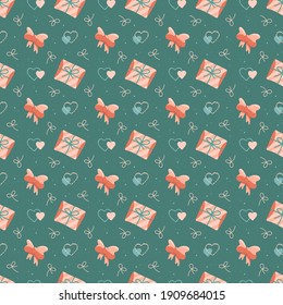 Endless love-themed pattern with hearts, envelopes and bows. Elements in orange and peach, mint and menthol colors on a green background.