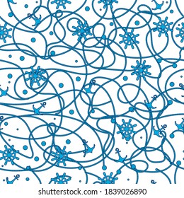 Endless marine pattern on a white background, geometric seamless pattern. With the image of a rope, steering wheel and anchor. Can be used for fabric, wallpaper or wrapping