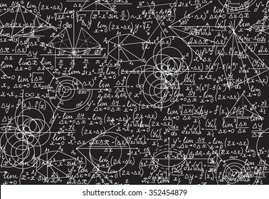 Endless mathematical texture with geometrical figures, equations and calculations, handwritten with chalk on a grey blackboard, shuffled together. Mathematical vector seamless pattern