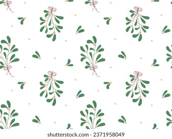 Endless mistletoe bunch pattern. Green branches with white berries. Seasonal Christmas plant decoration. Winter holidays botanical background