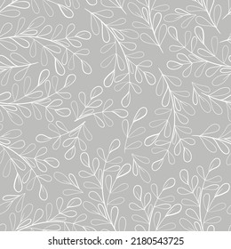 Endless monochrome floral pattern with white contour leaves on a gray background. Seamless vector background for textiles, packaging, paper. Seamless Repeat Pattern.